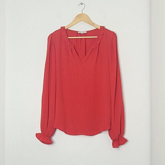 BLOUSOLOGY Women's Red Long-Sleeve VNeck Ruffled Collar Tied Cuffs Blouse Size L - Picture 2 of 12